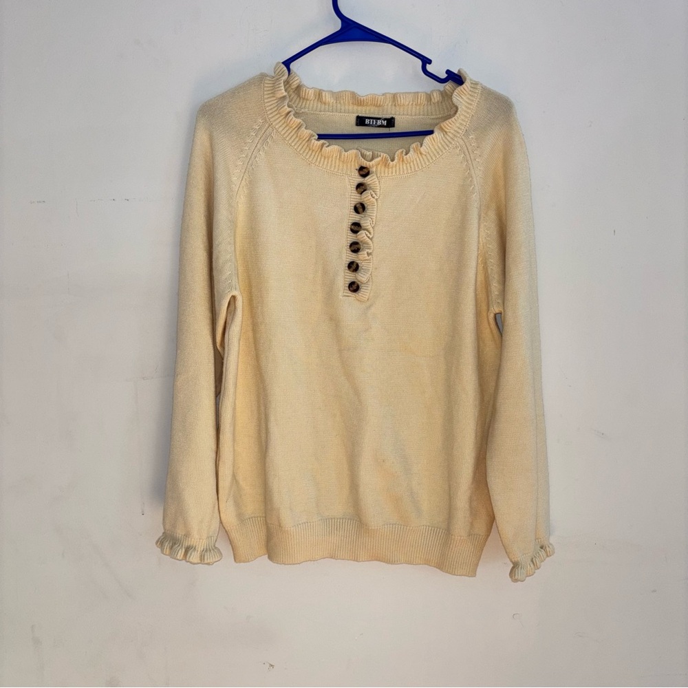 BTFBM Cream Ruffle Neck Button Sweater Boho Cottagecore